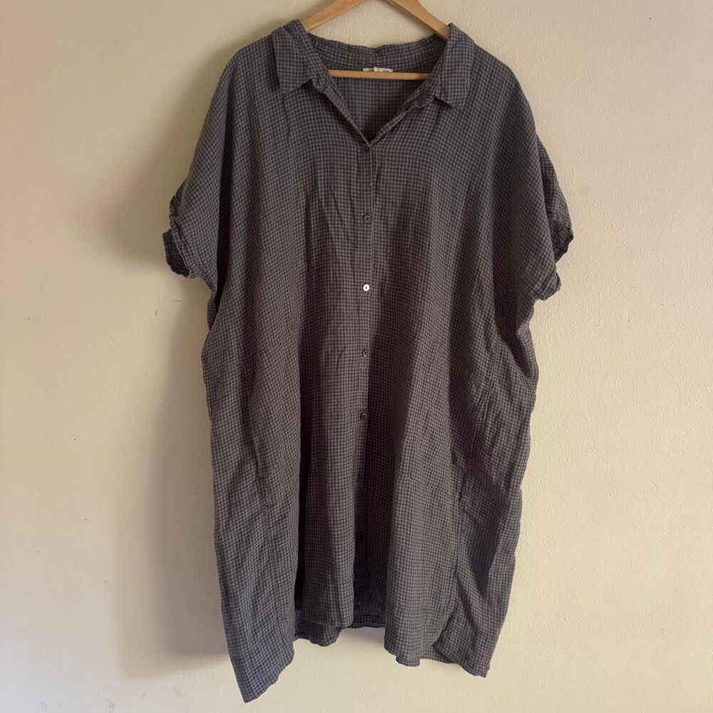 Eileen Fisher 3X Organic Linen Shirt Dress Gray Gingham Oversized Lagenlook
